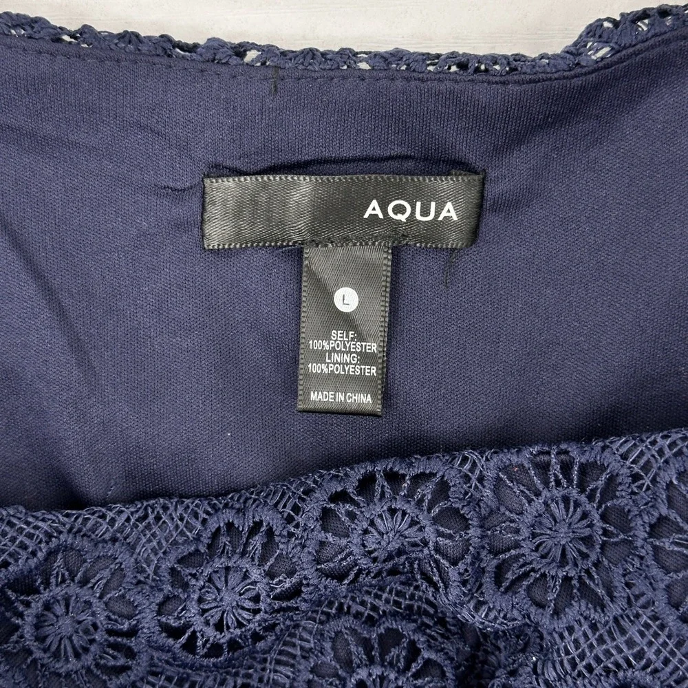 Aqua Navy Crochet Lace Matching Set Large Puff Sleeve Crop Top Belted Skirt 2 pc